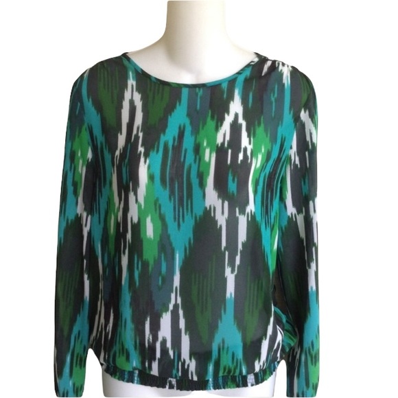 NWT MICHAEL Michael Kors Top Blouse XS Green White Long Sleeves Chiffon - Picture 1 of 4